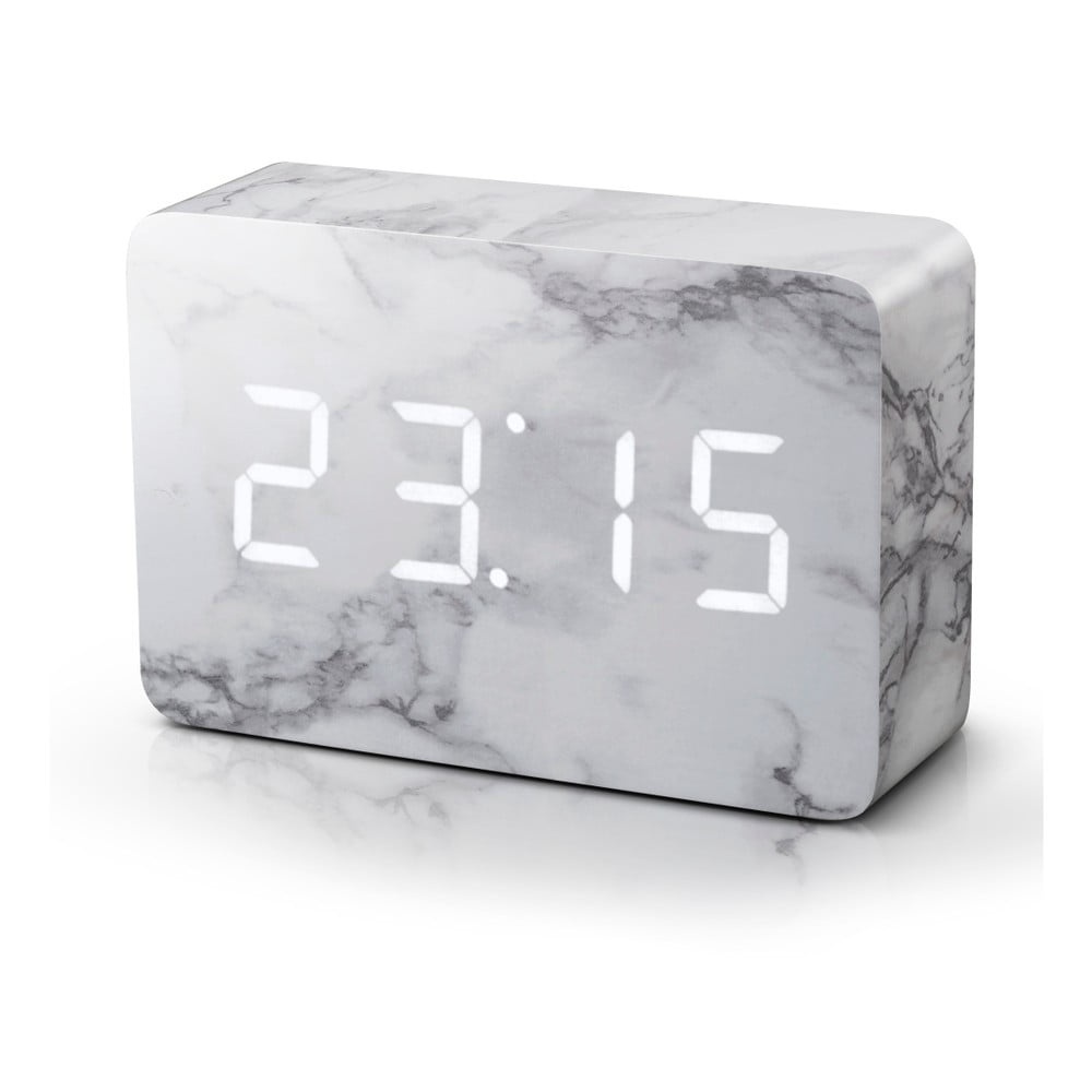 Šedý budík v mramorovém dekoru s bílým LED displejem Gingko Brick Click Clock