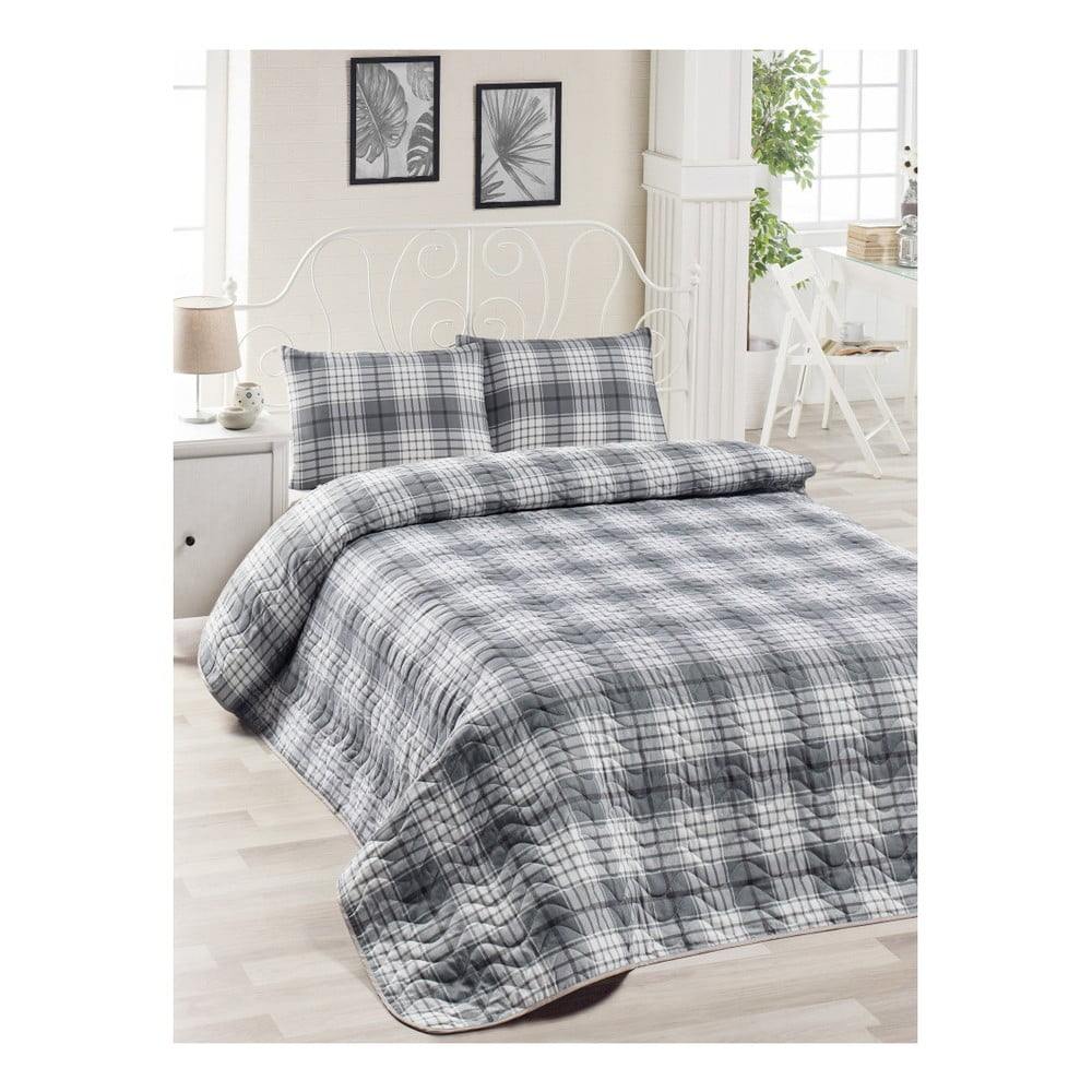 Set bavlněného šedého přehozu přes postel a 2 povlaků na polštáře Harro Mento