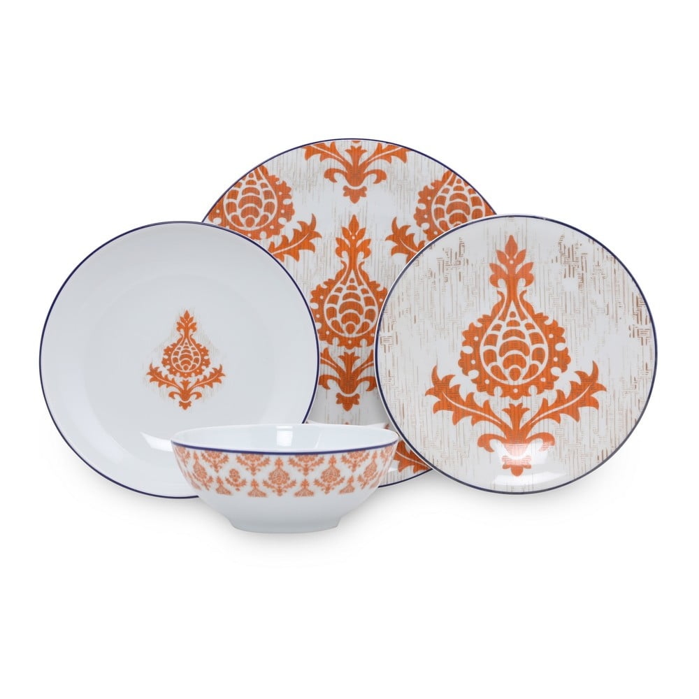 24dílná sada bílo-oranžového porcelánového nádobí Kütahya Porselen Ornaments